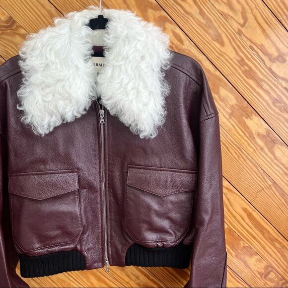 KHAITE Larissa Shearling-Collar Leather Bomber Jacket Bordeaux Wine - Picture 6 of 12